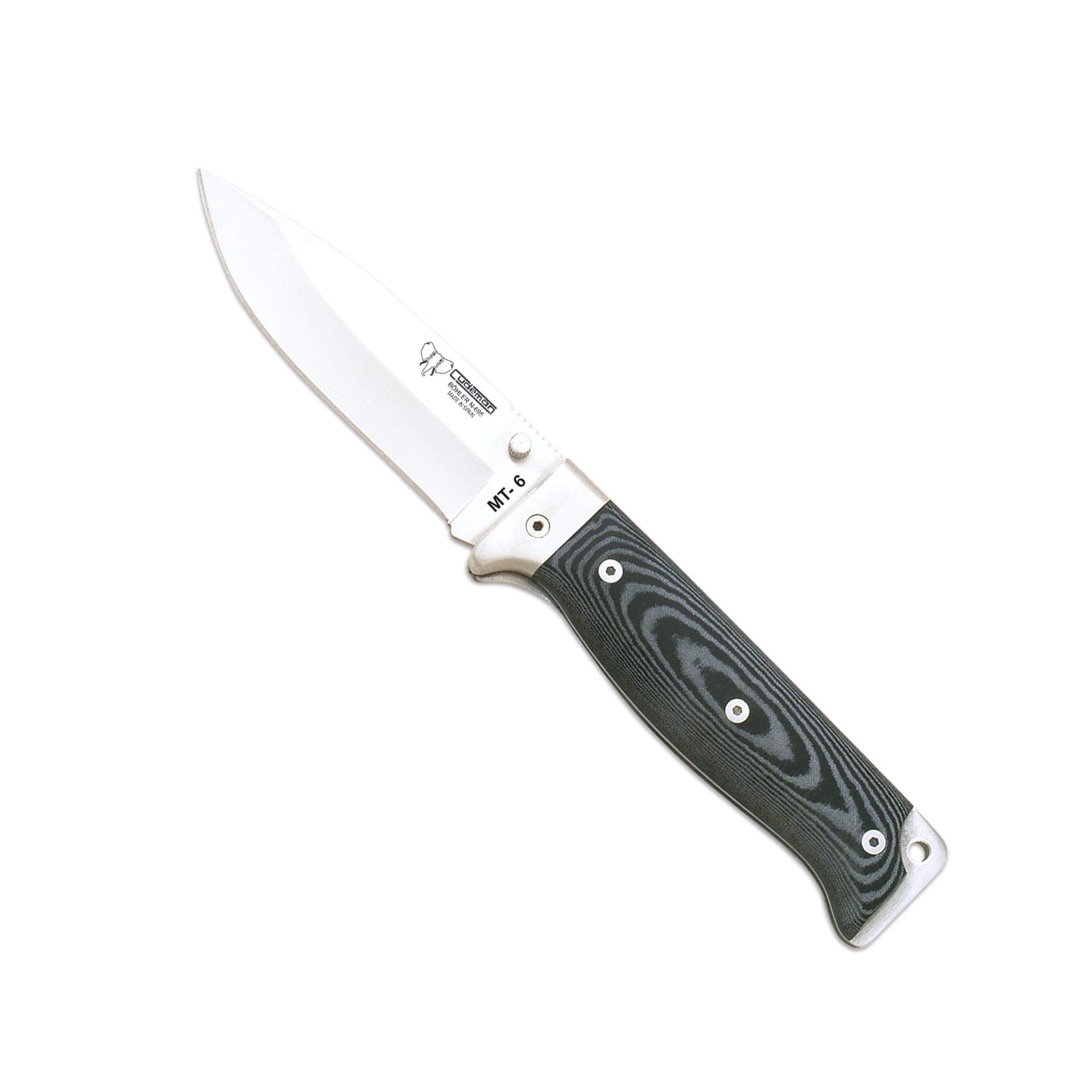 Cudeman Navaja 328-M MT-6 hoja de acero Böhler N-695 de 11 cm y empuñadura de micarta negra separadores rojos de 12,5 cm para caza, pesca, supervivencia y bushcraft + Portabotellas regalo