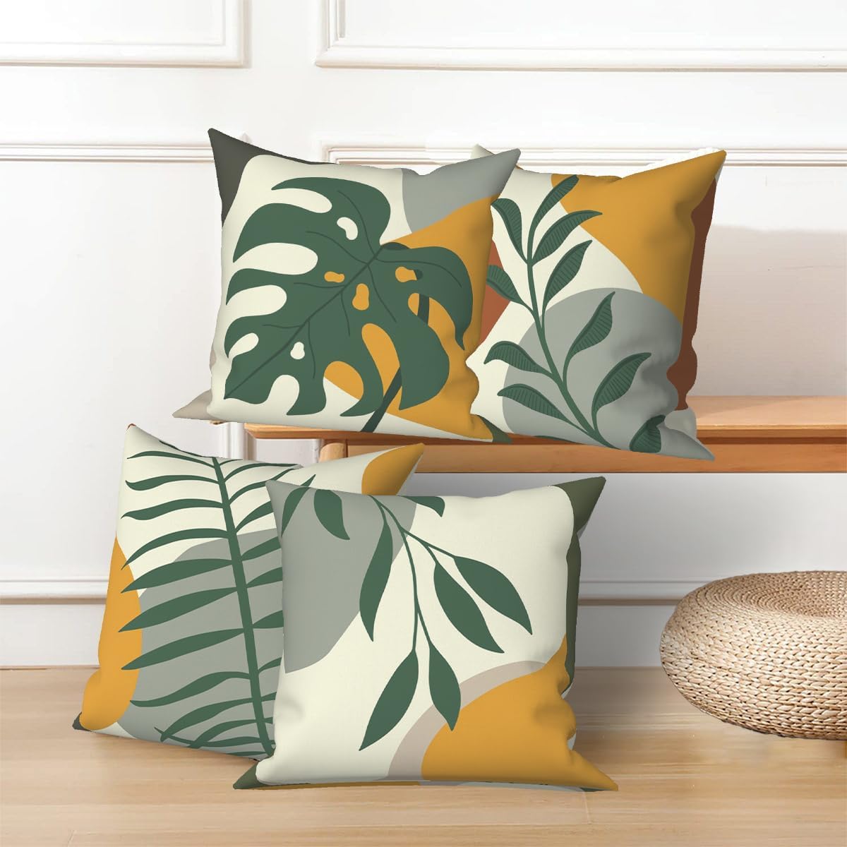 4 Pcs/Set Tropical Leaves Throw Pillow Covers Green Sage Palm Leaf Boho Plants Mid Century Modern Abstract Geometric Outdoor Pillow Covers for Sofa Couch Farmhouse Decor, 18"x18"
