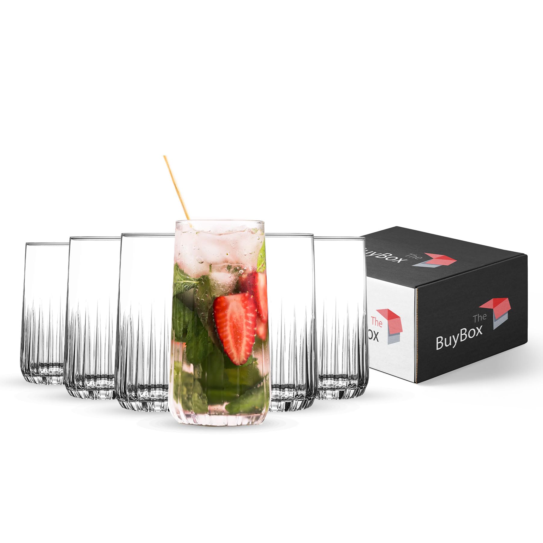 Juego de 6 Vasos de Cristal Agua12 oz/360 ml. Vasos Altos, Juego de Vasos Acanalados, Vasos Ondulados ara Agua, Bebidas, Jugos, Limonada, Cócteles, Té Helado, Highball Glasses (12oz/360cc)