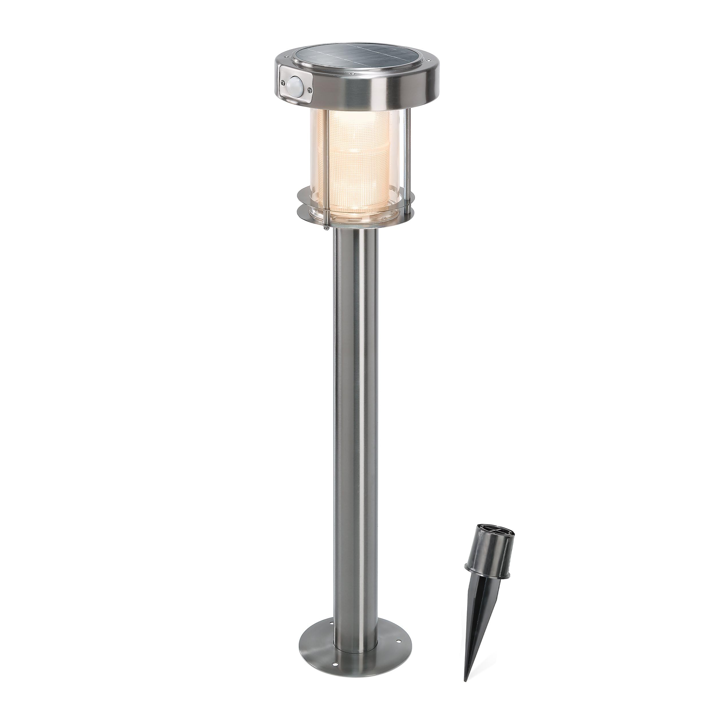 esotec Solar Wegeleuchte mit Bewegungsmelder Ancona, Gartenlampe Standleuchte für außen, DuoColor warmweiß kaltweiß, Edelstahl, H=71cm, IP44, 102534