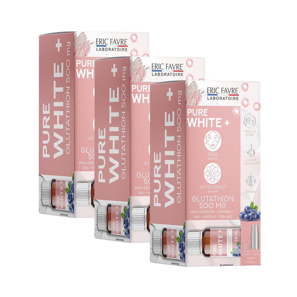 PURE WHITE + GLUTATHION 500mg - Complément Alimentaire Antioxydant Ultra-Concentré - Peau Eclatante, Contre le Stress Oxydatif - Programme 30J - Saveur Myrtille - Faible en Sucres - Eric Favre