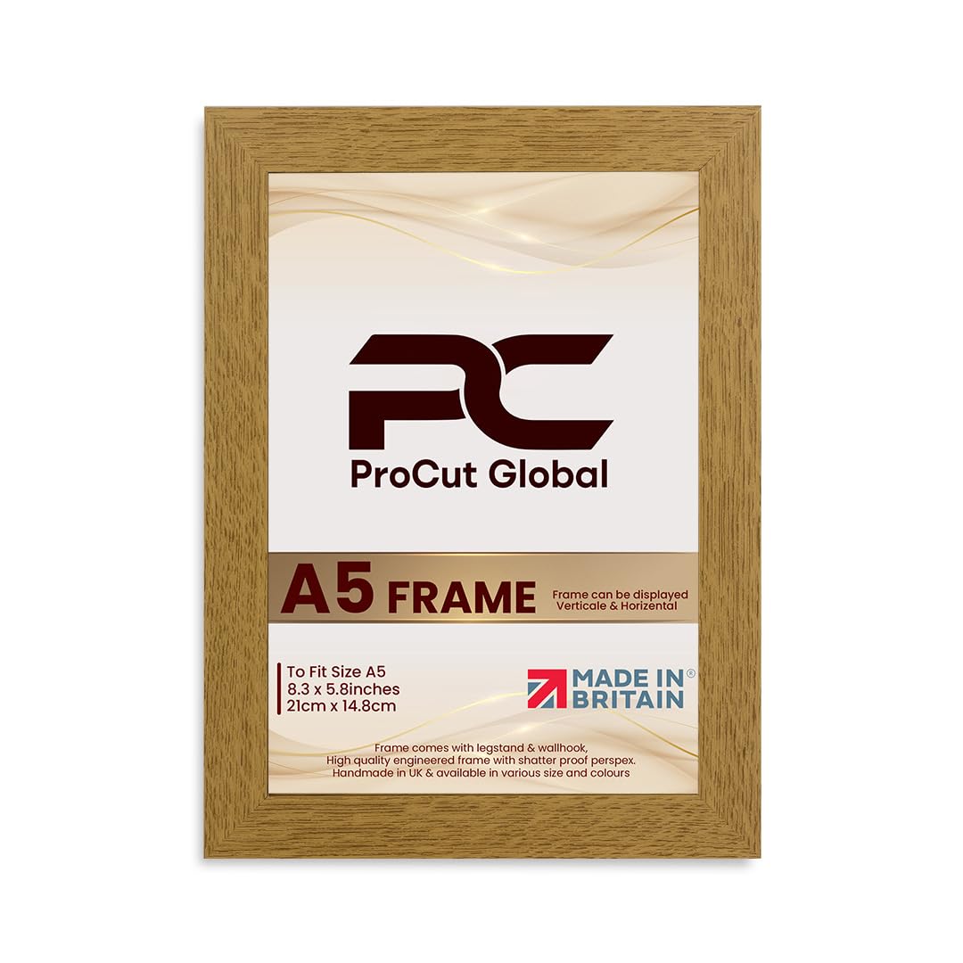 Oak Procut Global Picture Frames A5 - Modern A5 Frames With Safe Perspex Front & Wall Hanging Hooks - Premium Synthetic Wood-Handmade Frames