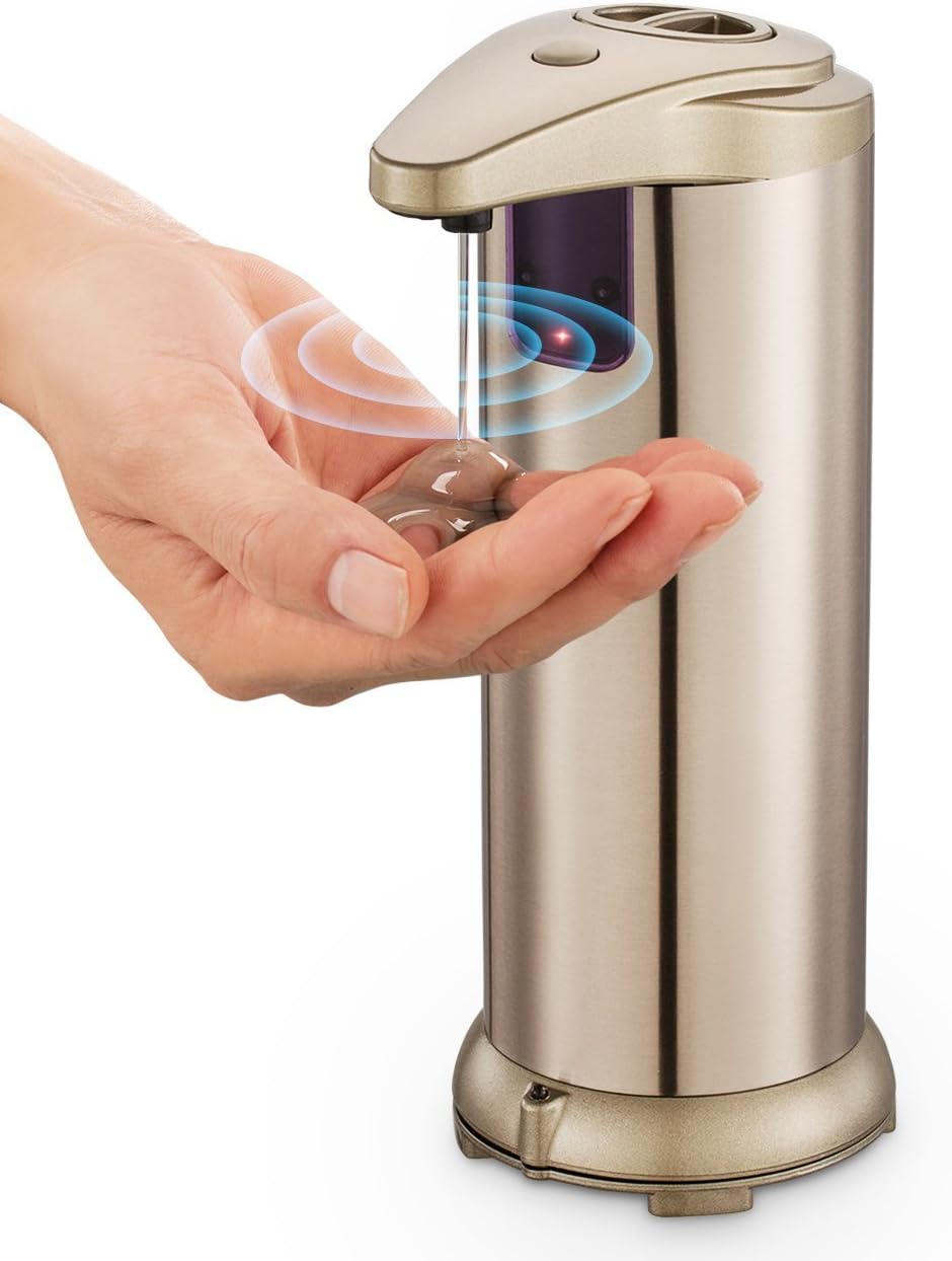 Soap Dispenser, Touchless Automatic Soap Dispensesr Stainless Steel with Waterproof Base, Lotion Dispenser for Kitchen / Bathroom (Golden)