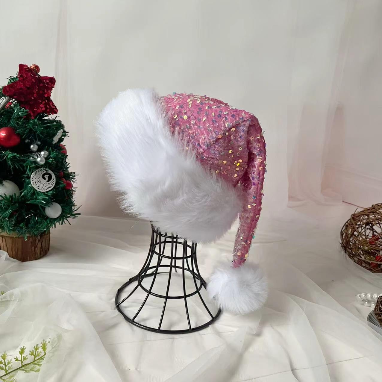 LLUOXI Pink Sequined Santa Hat, Luxury Plush Velvet Christmas Hat for Adults & Kids - Image 3
