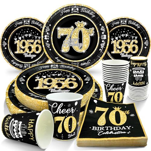 Image of 70th Birthday Decorations Plates and Napkins Black and Gold, Service for 30, Vintage 1956 Birthday Party Bundle Includes Black Gold Plates, Napkins, Cups 70th Birthday Supplies for Men Women