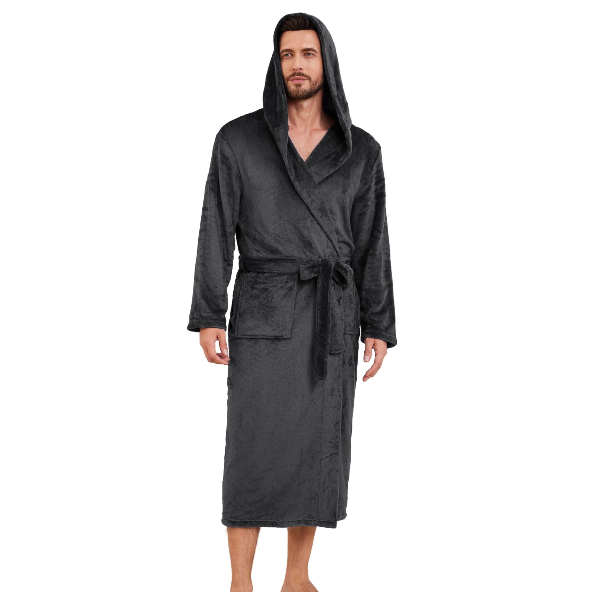 Men's Hooded Robe, Soft Warm Fleece Long Bathrobe with Pockets