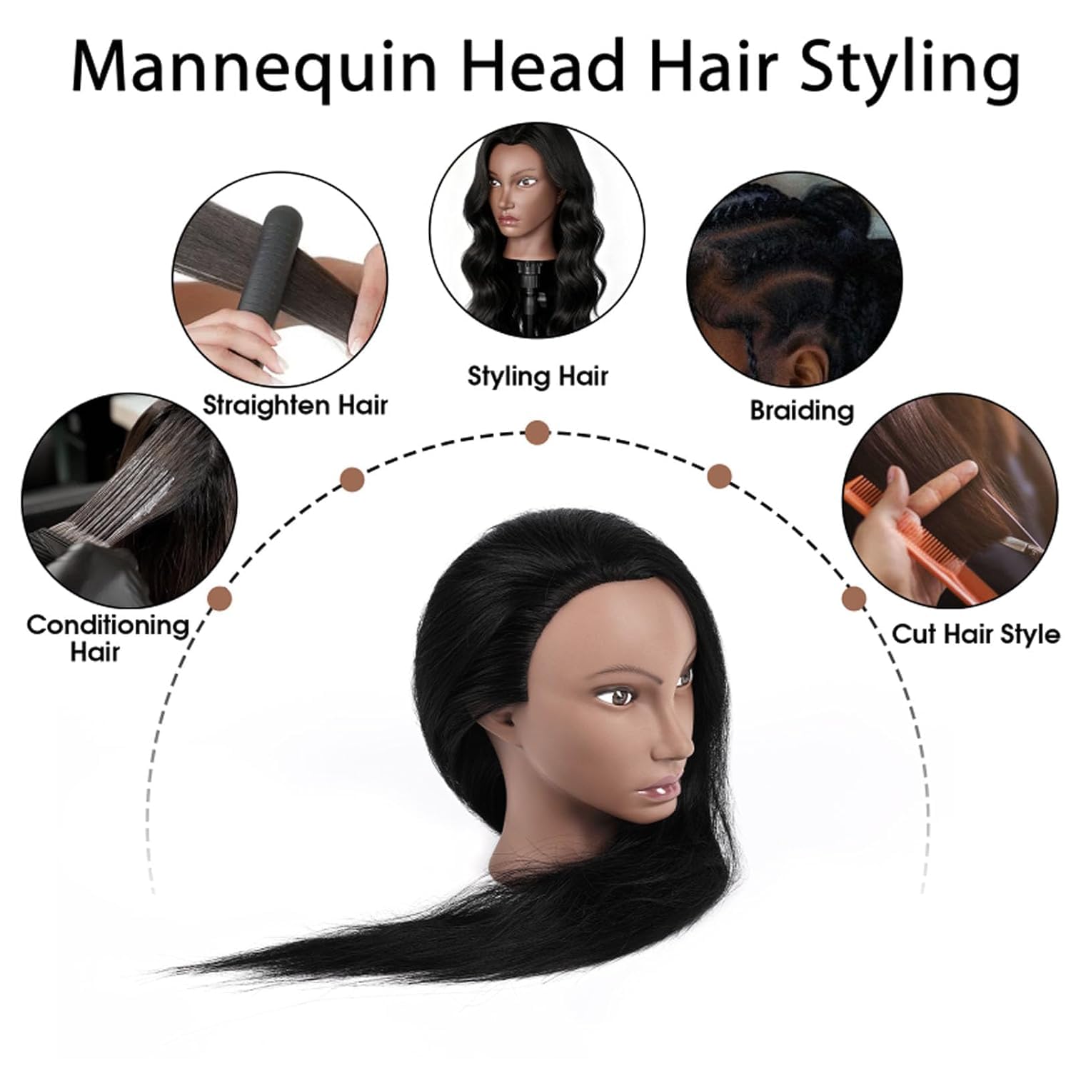 Friseur Übungskopf 100% Echthaar, 66 cm / 26 Zoll Mannequin Kopf mit Haaren, Friseurkopf Trainingskopf mit Klemme & Zubehör, Frisierpuppe für Schneiden, Flechten, Styling (Schwarz)