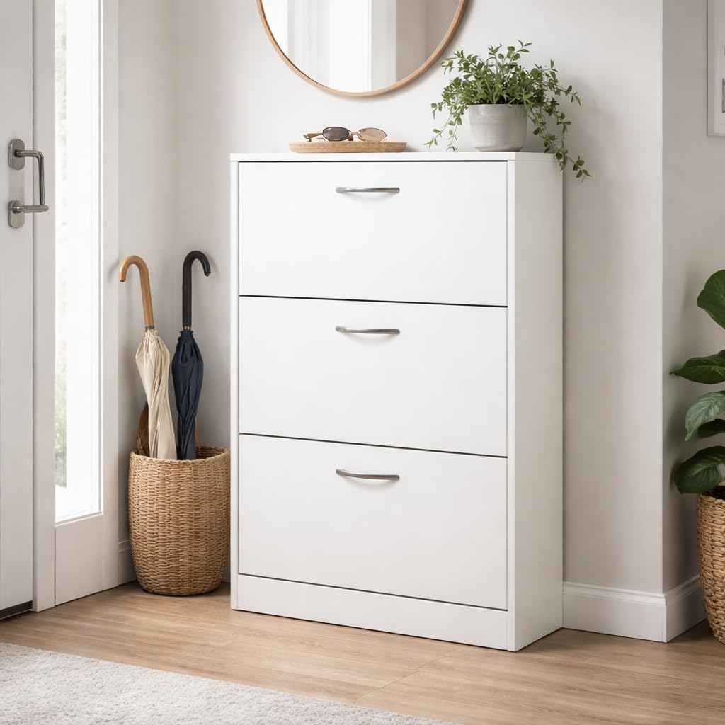 Home Treats White Wooden 3 Drawer Shoe Rack Pull Down Storage Cabinet, Upto 18 Pairs