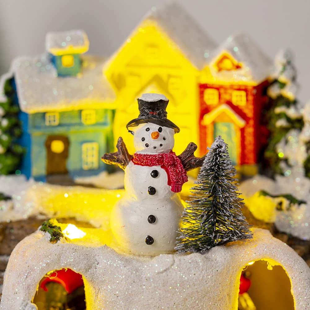 Uposao Decoración de Navidad LED Papá Noel muñeco de nieve resina con iluminación, música, casa de Navidad, miniatura, pueblo de Navidad, decoración con decoración de nieve, escena de Navidad, mesa