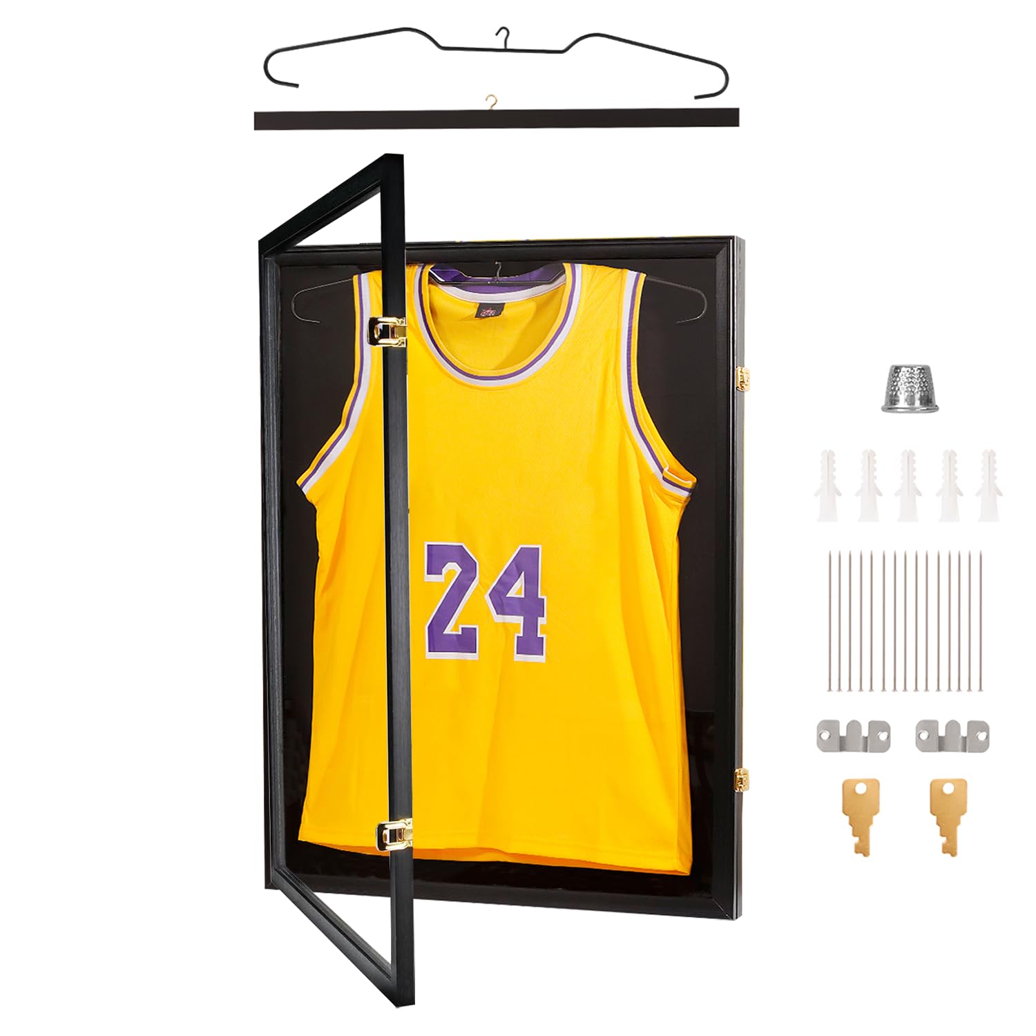 Marco Para Camisetas De Futbol,Marco Camisetas,98% De Protección Contra Los Rayos Uv,Con Tapa Abatible y Cierre Con Llave-80x60cm-Incluye Accesorios De Montaje,Con Perchero(Negro)