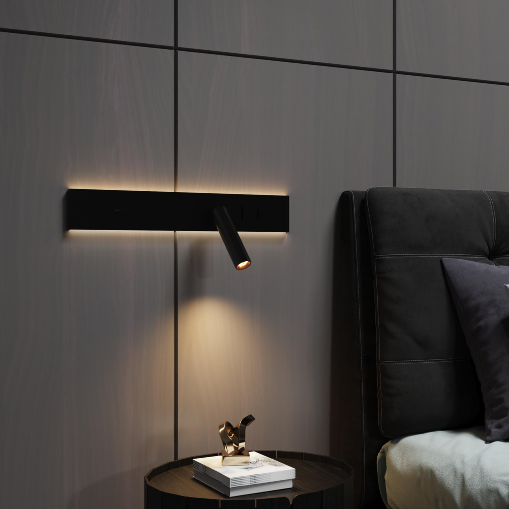 kalb I Avay Bett-Panel mit USB-C, Moderne LED Wandlampe, Flexibles Leselicht mit Lademöglichkeit, Nachtlicht für Schlafzimmer, Energiesparende USB-C Nachttischlampe & Spot schwarz (Rechte Seite)