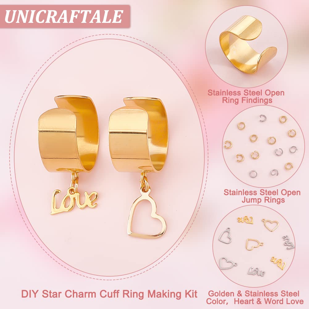 UNICRAFTALE 6pcs DIY Dome Heart Cuff Ring Making Kit - Stainless Steel Adjustable Ring Blanks, Golden & Silver, For Jewelry Crafting - View #5