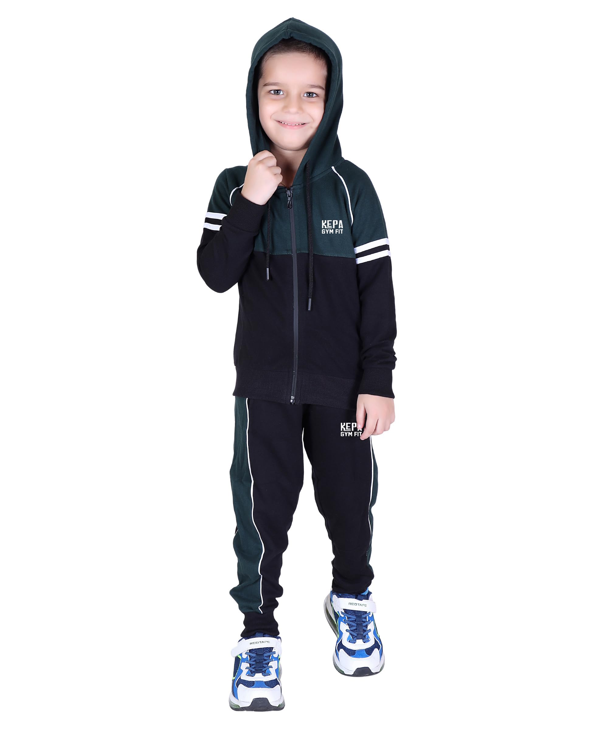 Kepa Boys Track Suit Set Cotton High Neck, Green Black, 10 Years-11 Years