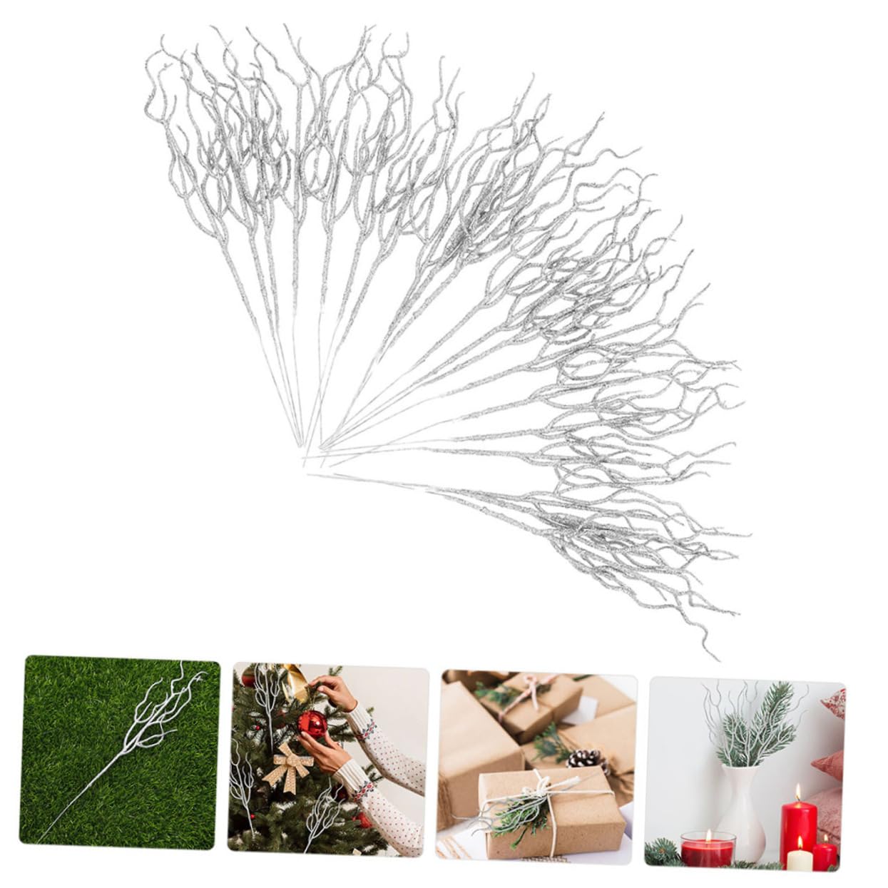 Abaodam 2 Sets Künstliche Weihnachtsstiele Lockige Zweige für Vase Glitzernde Äste Weihnachtsbaum-Dekoration Picks 20 Stück