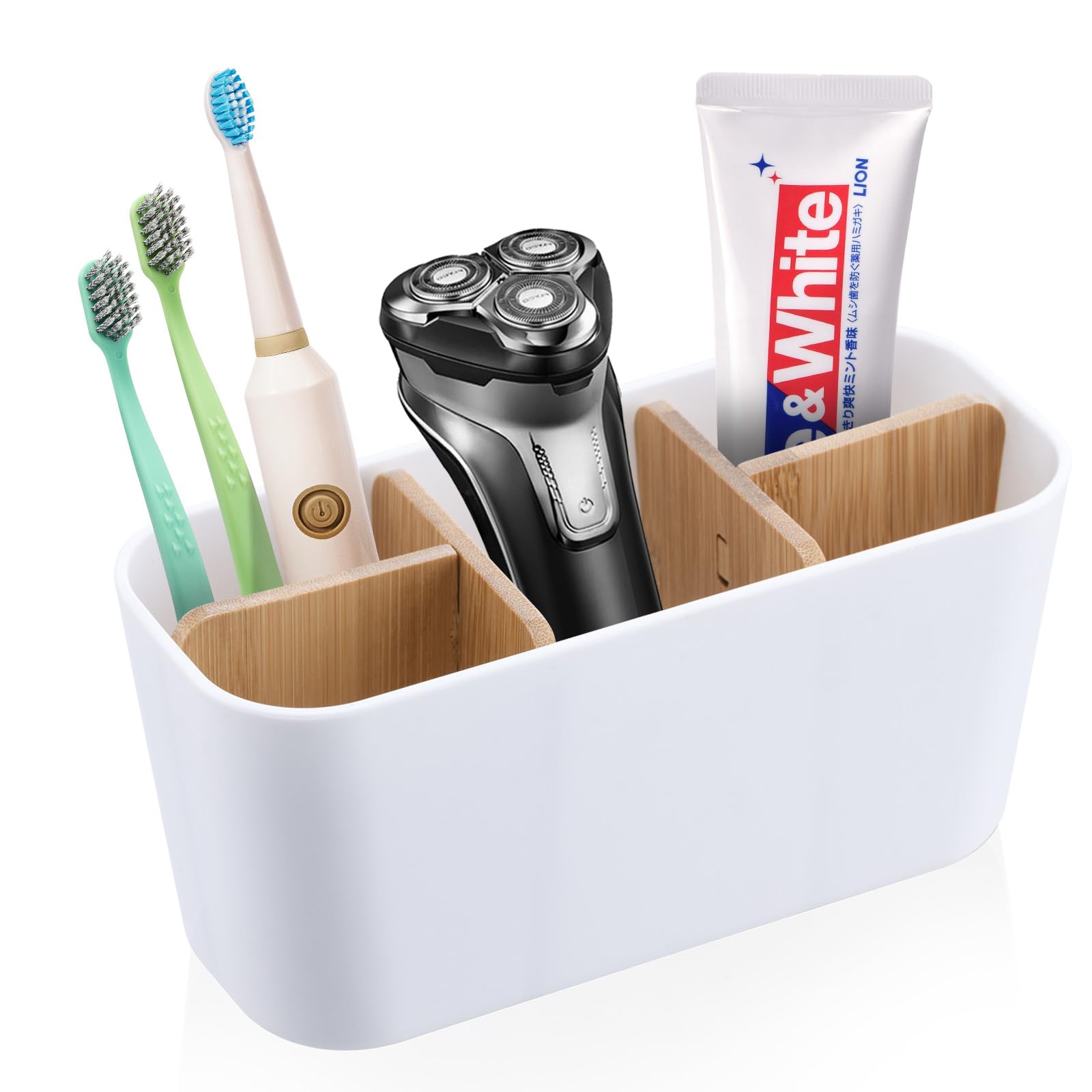 Particiones de Bambú Porta Cepillo de Dientes, Organizador Cepillos de Dientes de 5 Compartimentos, Multifuncional Soporte Cepillo Electrico, Organizador Baño Adecuado para Oficina Sala Estar Cocina