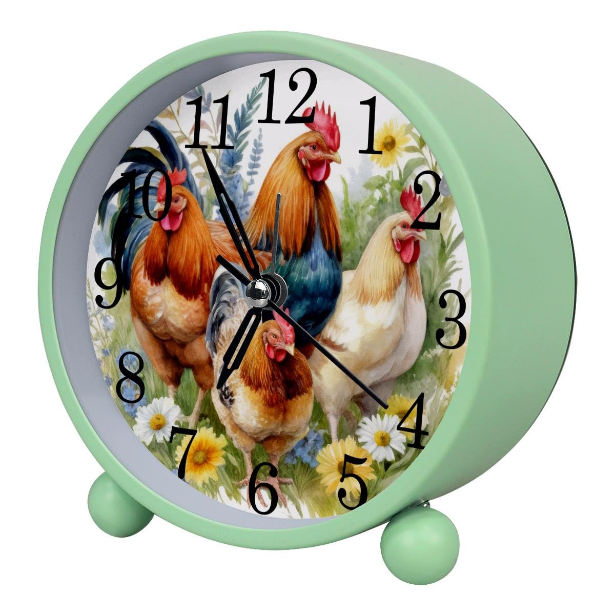 Luoweisi Alarm Clock Rooster Daisies, Silent Non-Ticking with Night Light, Round Metal Alarm Clock for Office, Battery Operated, Bedroom, Elderly, Adults, Children, Student Gifts