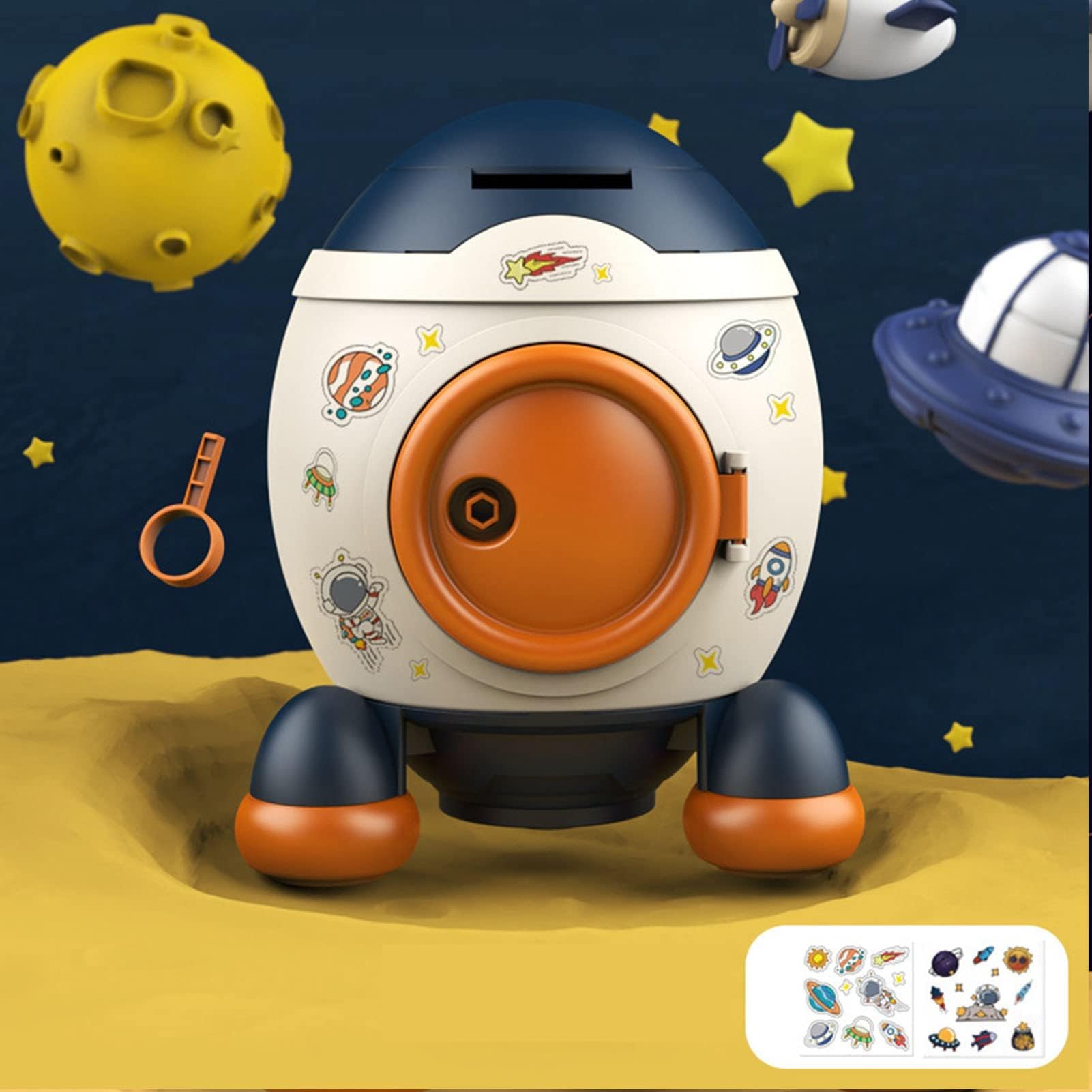 Salvadanaio a forma di razzo spaziale, stile cartone animato, salvadanaio per bambini, monete, salvadanaio per bambini, salvadanaio per bambini e ragazze (blu Morandi)