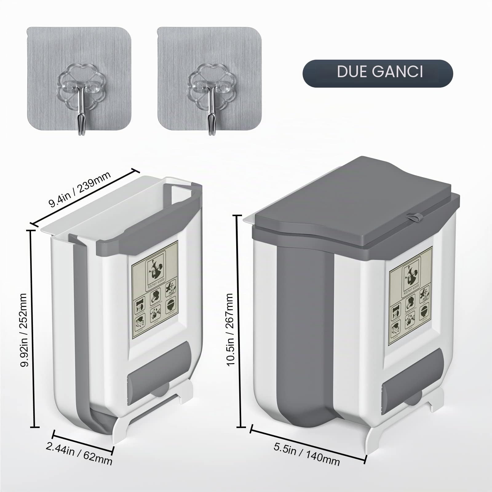Gintan - Pattumiera pieghevole sospesa con coperchio, circa 9 l di capacità, per cucina, campeggio, auto, bagno, ufficio, camera da letto (grigio)