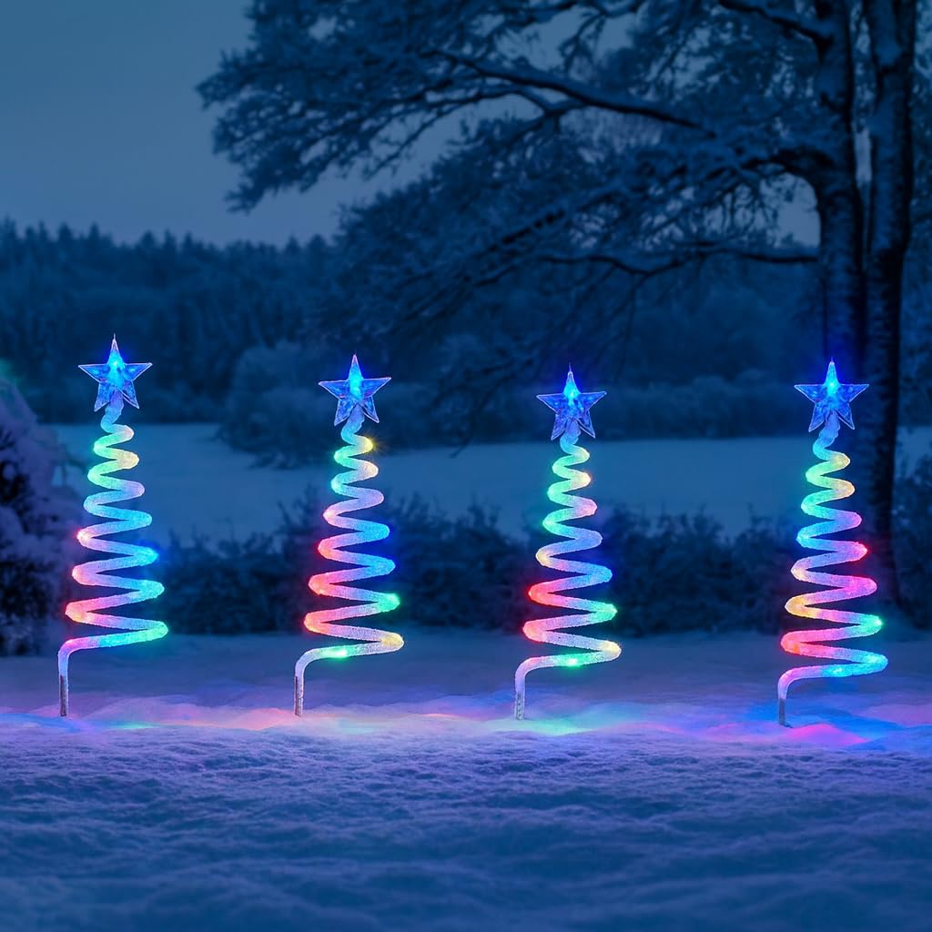 Festive Lights - 4 Pack 50cm Multicoloured Spiral Christmas Tree Stake Lights – Battery Powered Outdoor Decoration, 40 LEDs, Black Cable, 6 Hour Timer Function, IP44 Rated Garden Pathway Display