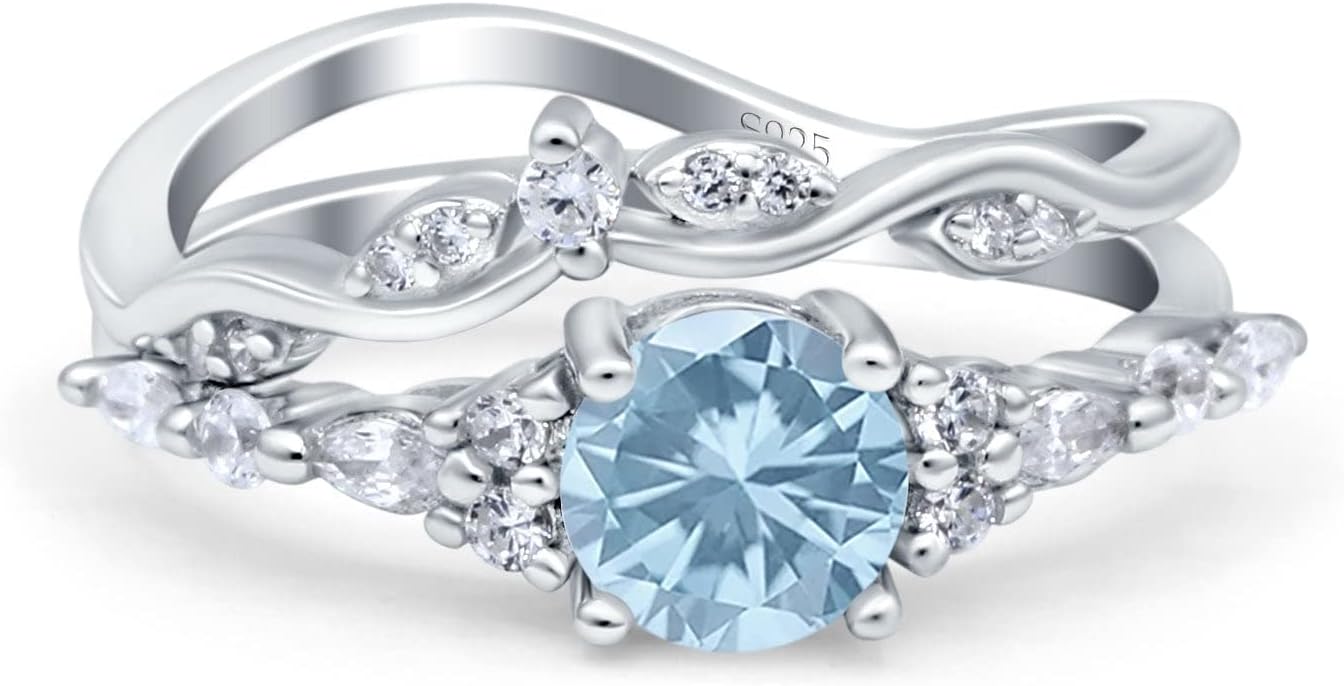OMRANII Simulated Aquamarine CZ Size-7 Two Piece Vintage Style Art Deco Wedding Engagement Bridal Set Ring Band Pear Round CZ 925 Sterling Silver