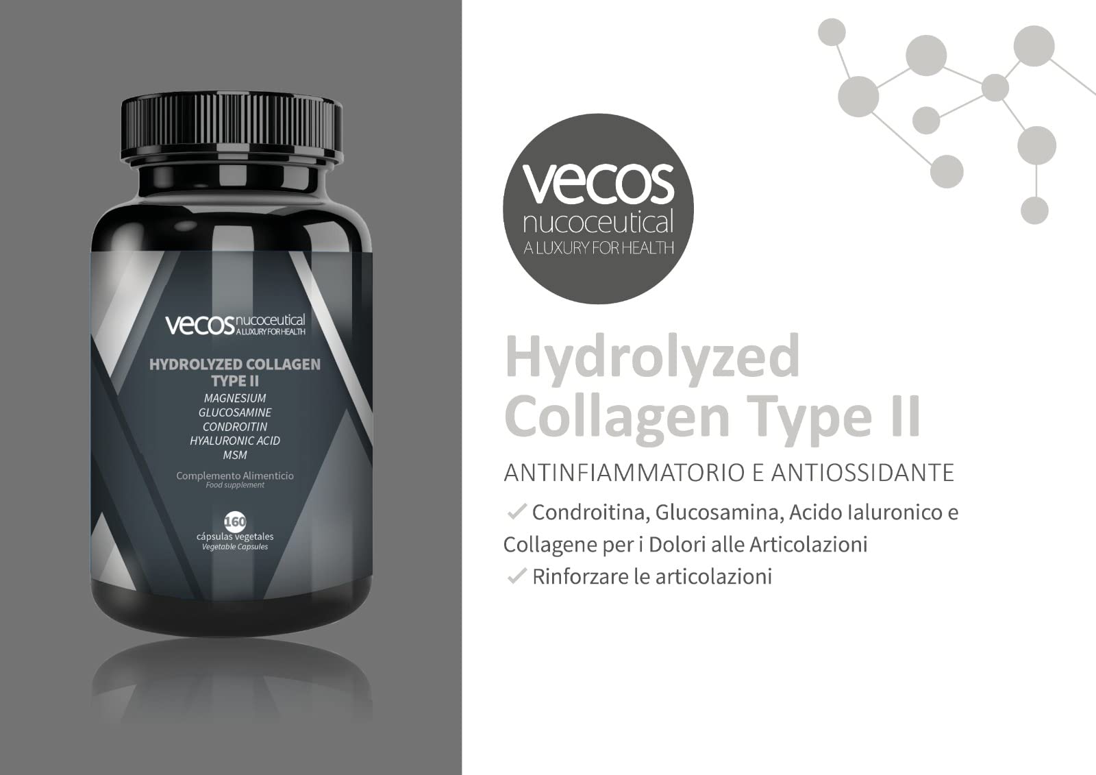 Vecos | Collagene Idrolizzato Tipo II con Condrofitina e Acido ialuronico | Aiuta a Prevenire il Dolore e l'Infiammazione delle Articolazioni| Effetto Antinfiammatorio e Antiossidante
