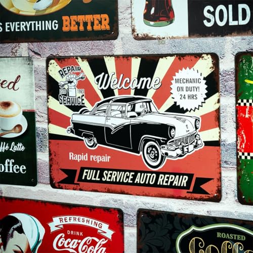 Image of Decorative Retro Metal Signs Wall Plate - 12x8 Inch (Repair Service) | Weatherproof Vintage Metal Sign Plate for Cafe, Home, Bar, Garage | Decorative Wall Hanging Sign Board