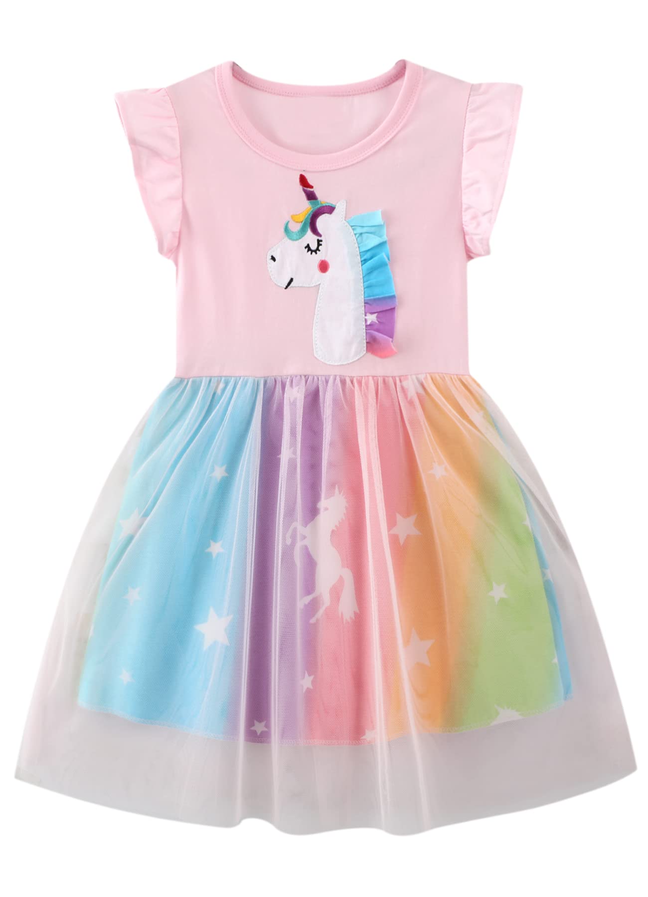 Girls Cotton Long Sleeve Casual Cartoon Appliques Striped Jersey Dresses