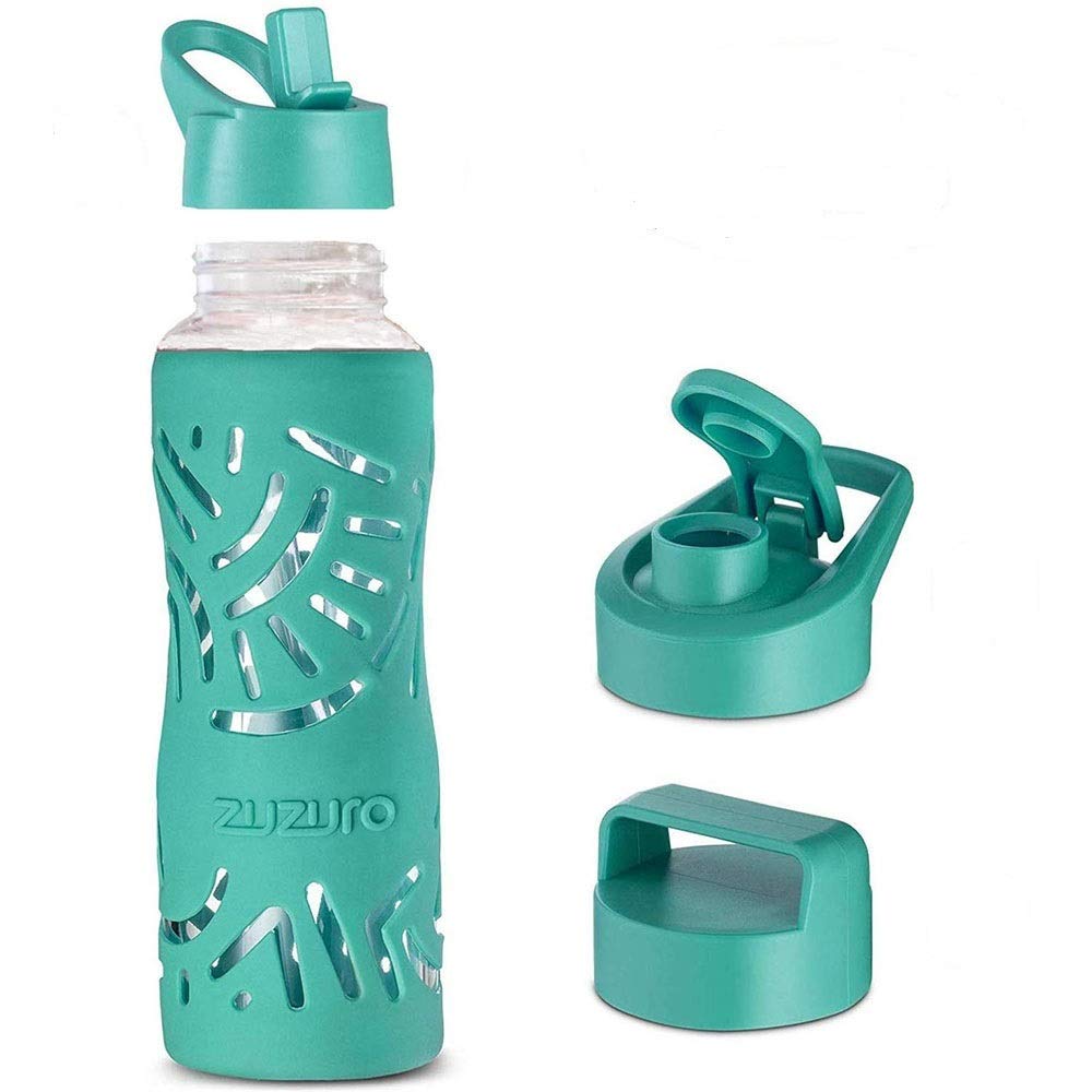 25oz Glass Water Bottles with Straw Cap – Wide Mouth Glass Sports Water Bottles w Protective Silicone Sleeve + 3 Reusable Different Leak-Proof Lids (BPA Free) for Fitness and Outdoor(Mint blue)