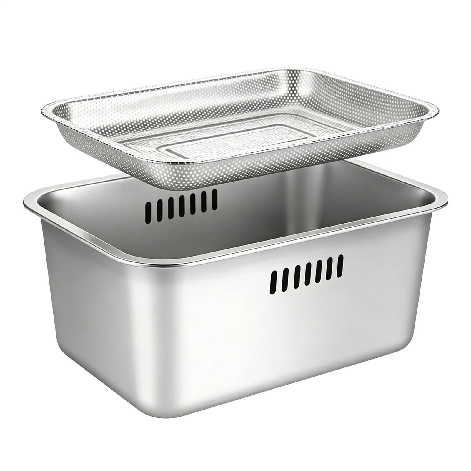 Stainless Steel Dish Basin With Drain Basket, 10l Large Capacity Square Veg