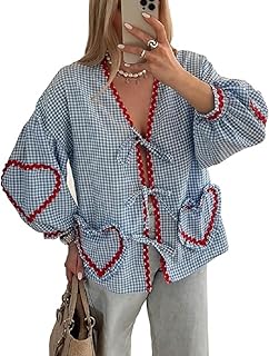 Womens Bow Tie Front Babydoll Blouse Shirts Long Sleeve Heart Ruffle Lace Up Summer Going Out Tops Teen Girls