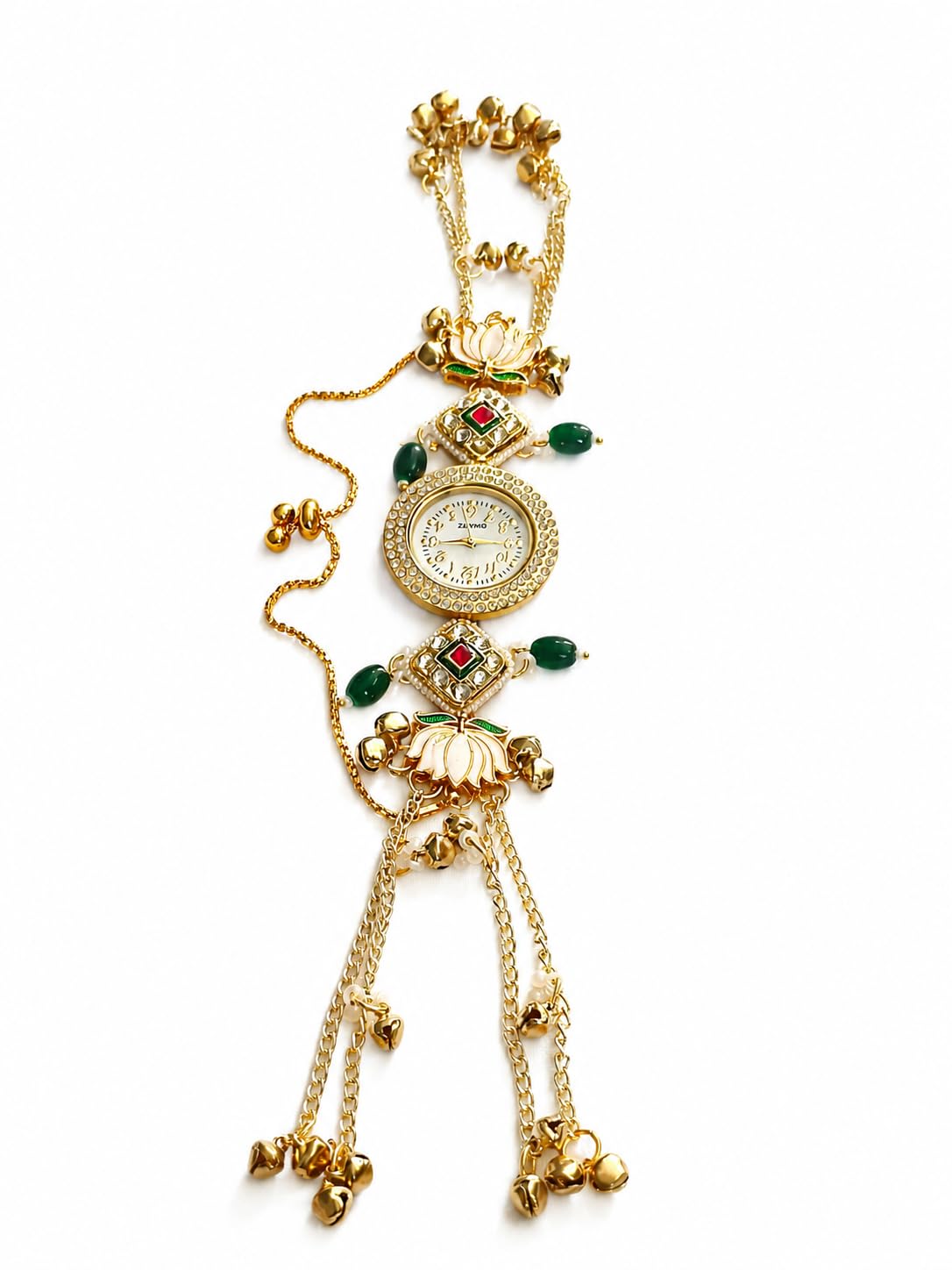 Hd Kashmiri Quartz Bracelet Watch for Women, Gold-Plated, Crystal Studded with Kundan Work, Pearl Charms and Lotus Motifs, Analog, Adjustable Chain-image-33