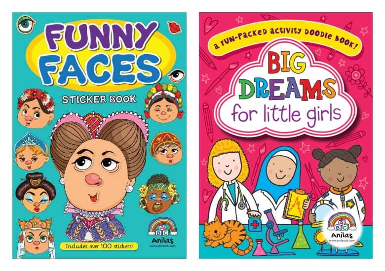 Anilas Set of 2 Funny Faces Sticker Book & Big Dreams for Little Girls Activity Book Ideal for Children Aged 3-8