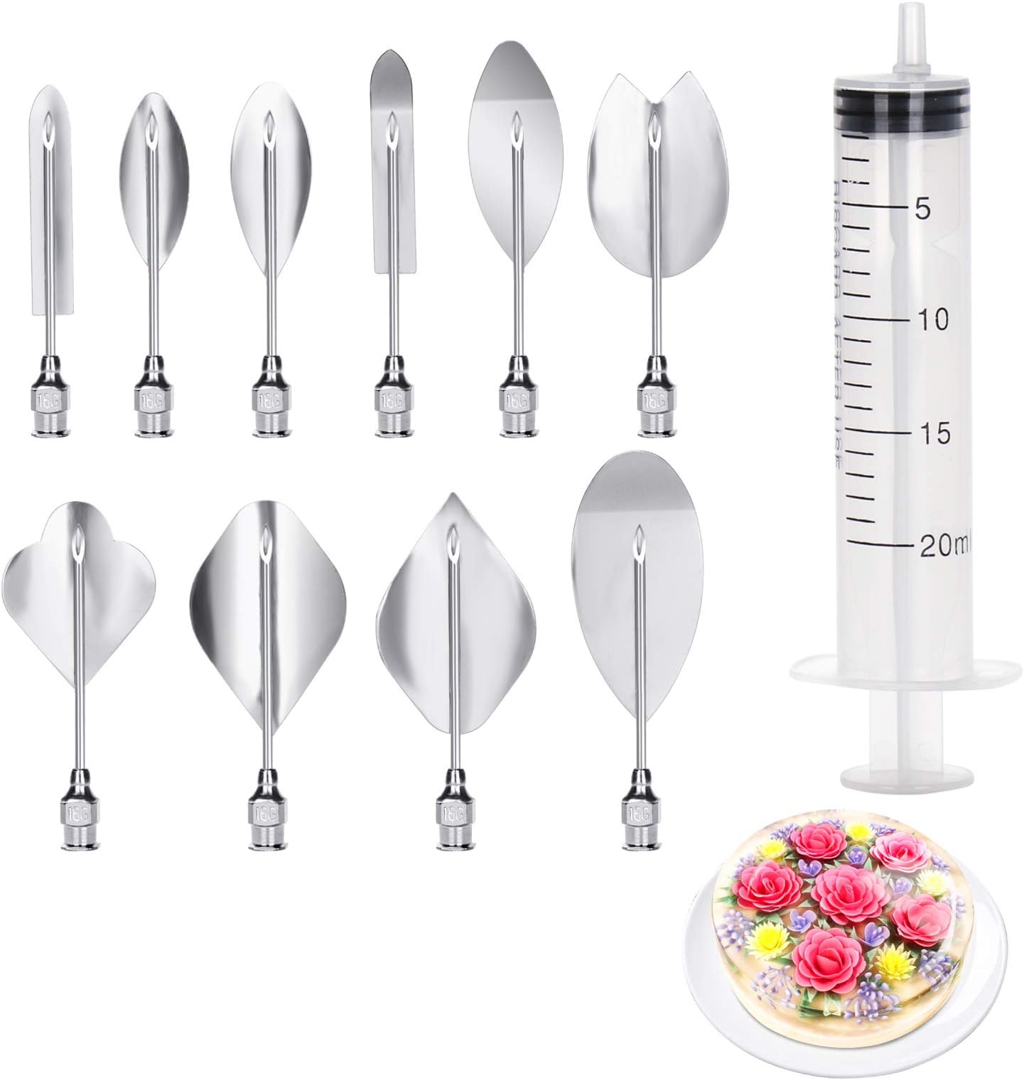 CFtrum 3D Gelatin Art Tools, Set of 10 Pieces Stainless Steel Jelly Cake Needles Coming with One Syringe Jelly Flower Cake Tool Kit