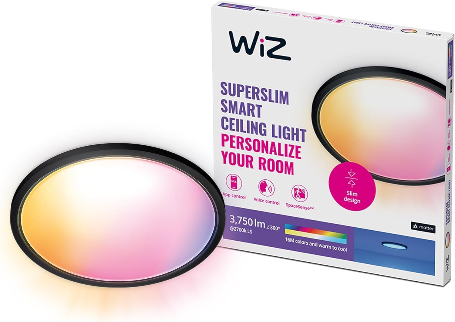 WiZ Colour Smart Connected Superslim Ceiling LED Light 32 Watts [Black] for Indoor Home Lighting, Bedroom, Livingroom, Diningroom