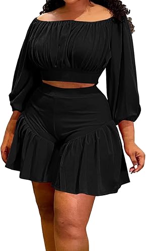 Inroserm Women's Plus Size Shorts Sets 2 Piece Outfits Casual Long Sleeve Off Sh
