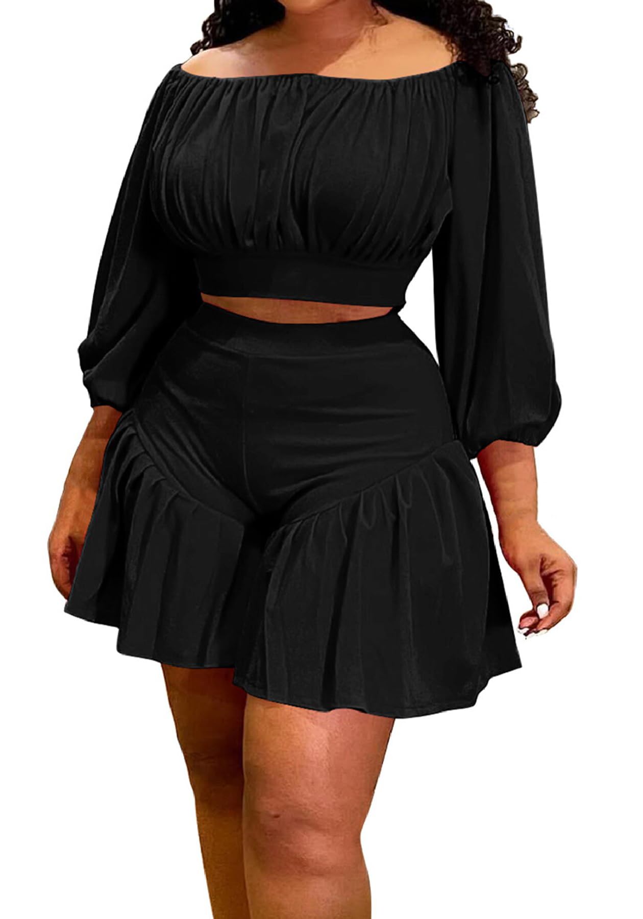 Inroserm Women's Plus Size Shorts Sets 2 Piece Outfits Casual Long Sleeve Off Shoulder Top Loose Short Set