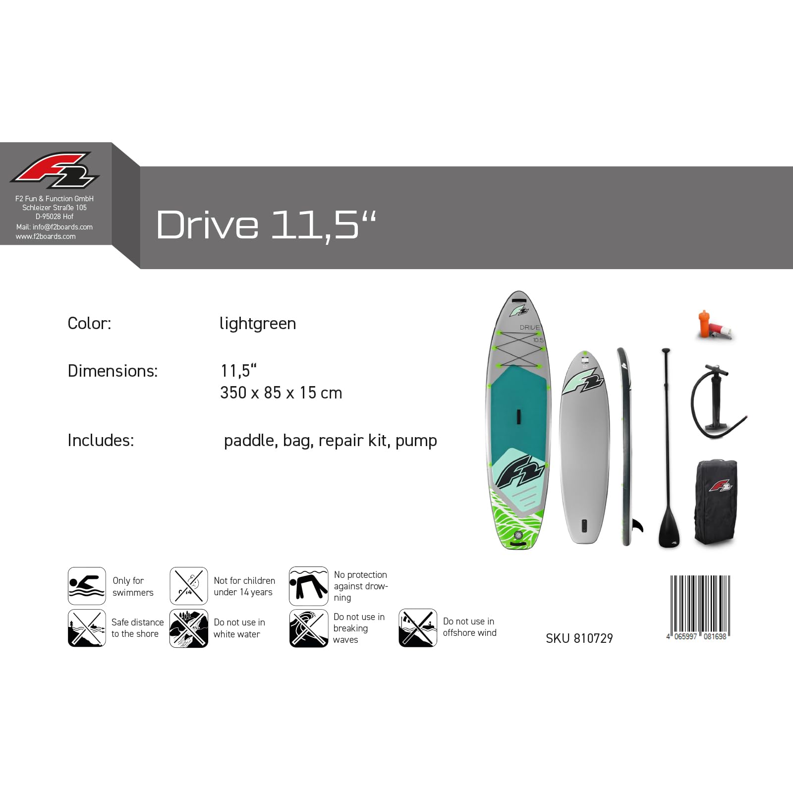 F2 SUP Stand Up Paddle Board Drive Grau - Größe wählbar