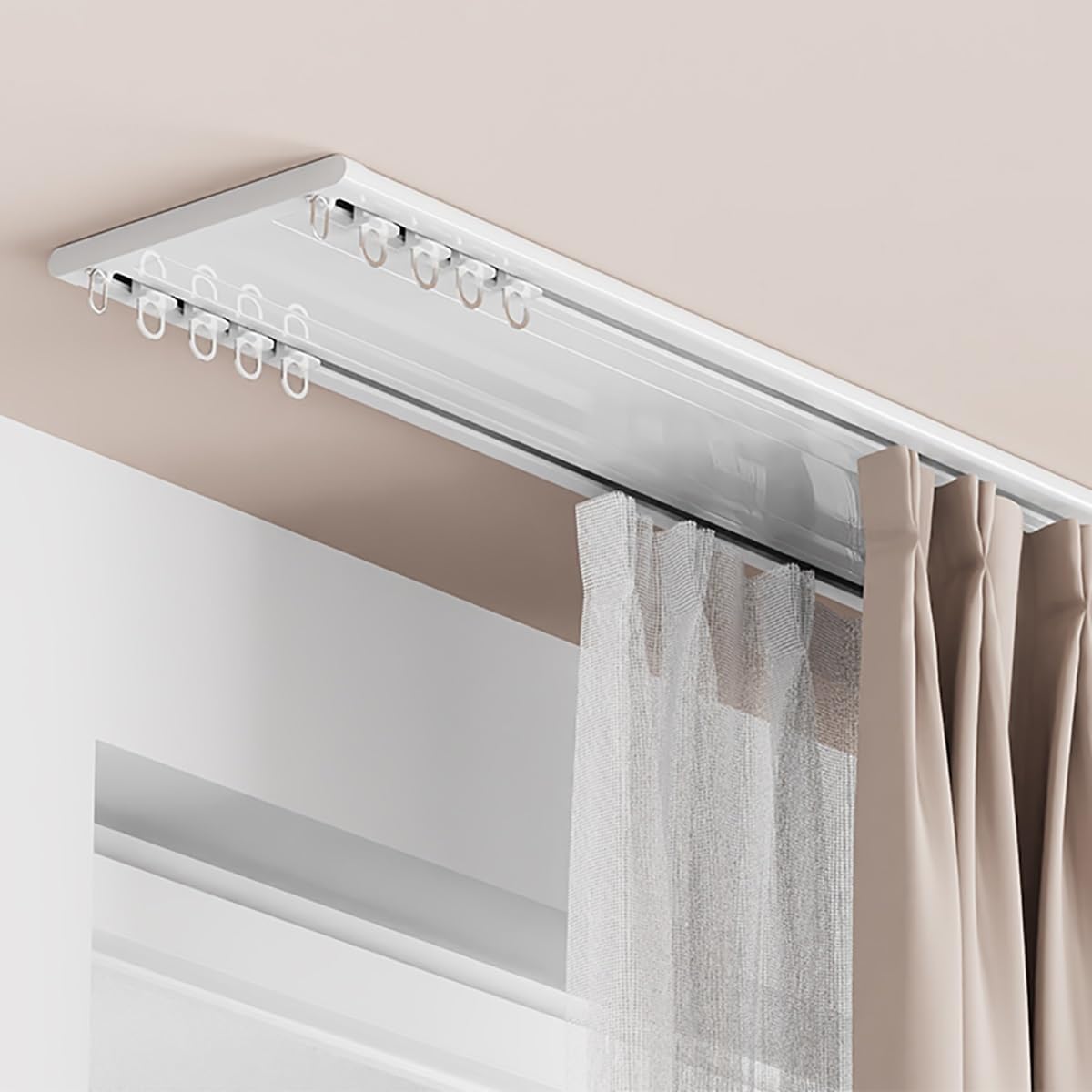 Cortina de techo doble de aluminio de 3,8 m, barra deslizante silenciosa para divisor de dormitorio y balcón, longitud ajustable, fácil instalación, diseño blanco moderno
