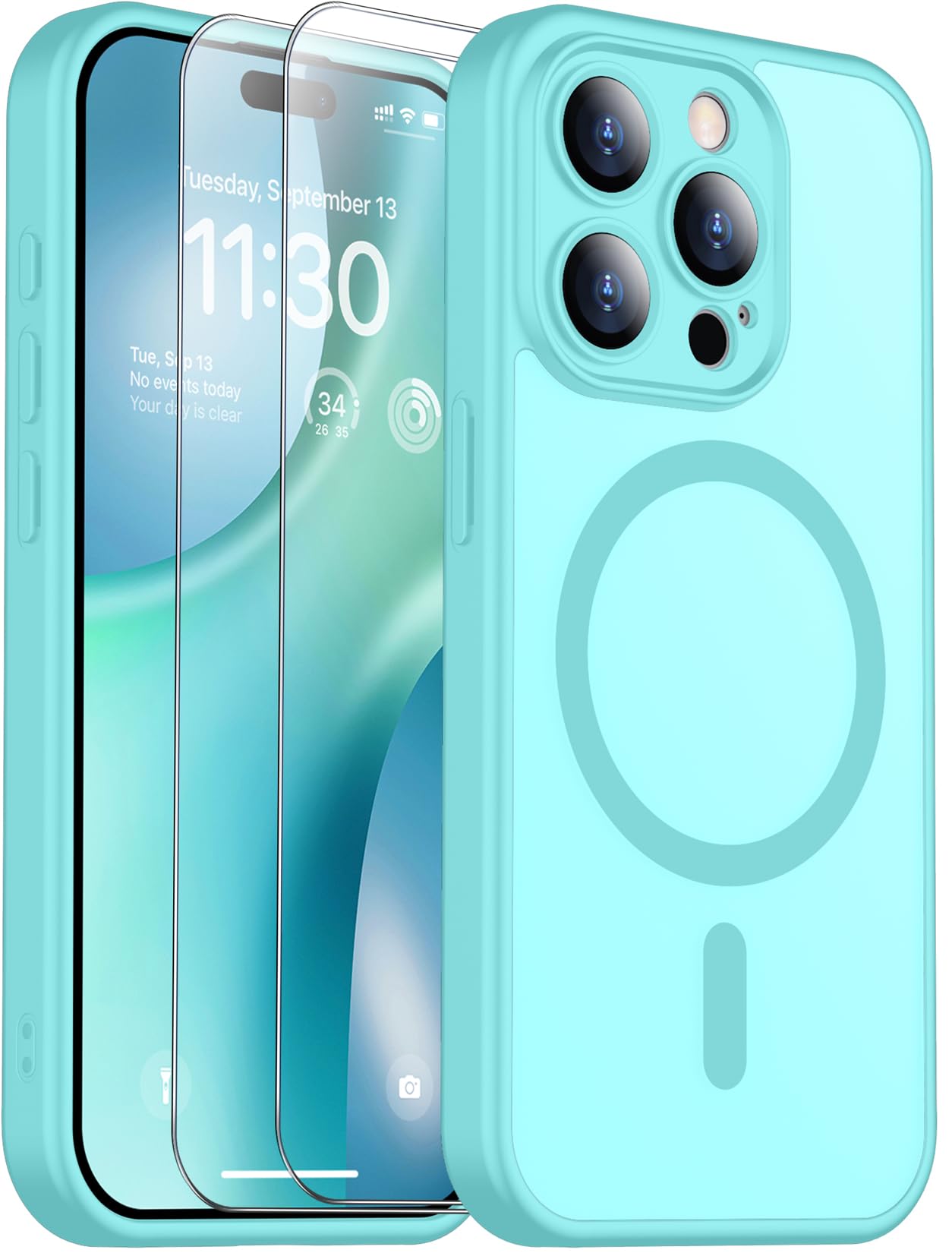 SPIDERCASE for iPhone 15 Pro Max Case, Magnetic Translucent Matte Case with 2PCS Tempered Glass Screen Protector Slim Phone Case for iPhone 15 Pro Max 6.7'', Blue Green