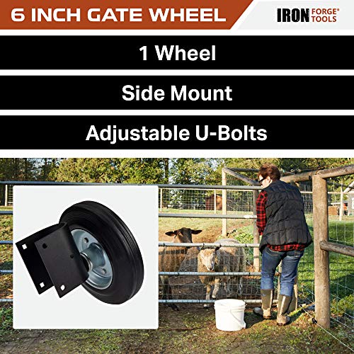 Image of Iron Forge Tools 6 Inch Hard Rubber Side Mount Rolling Tube Gate Wheel - Heavy Duty Wheels for Metal Tube Gates, Round Fence, Farm Gate Wheel - 1-5 /8 to 2 Inches in Diameter