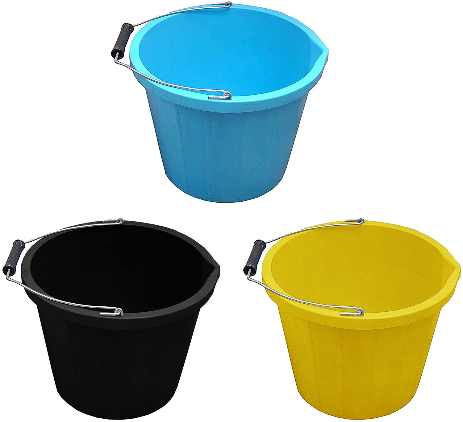 Fotostation Mixed Colours Set Of 3 - Plastic Builders Bucket 3 Gallon 14 Litre Water Mixing Storage Strong With Measuring Guide, Handle And Spout (Mixed Colours)