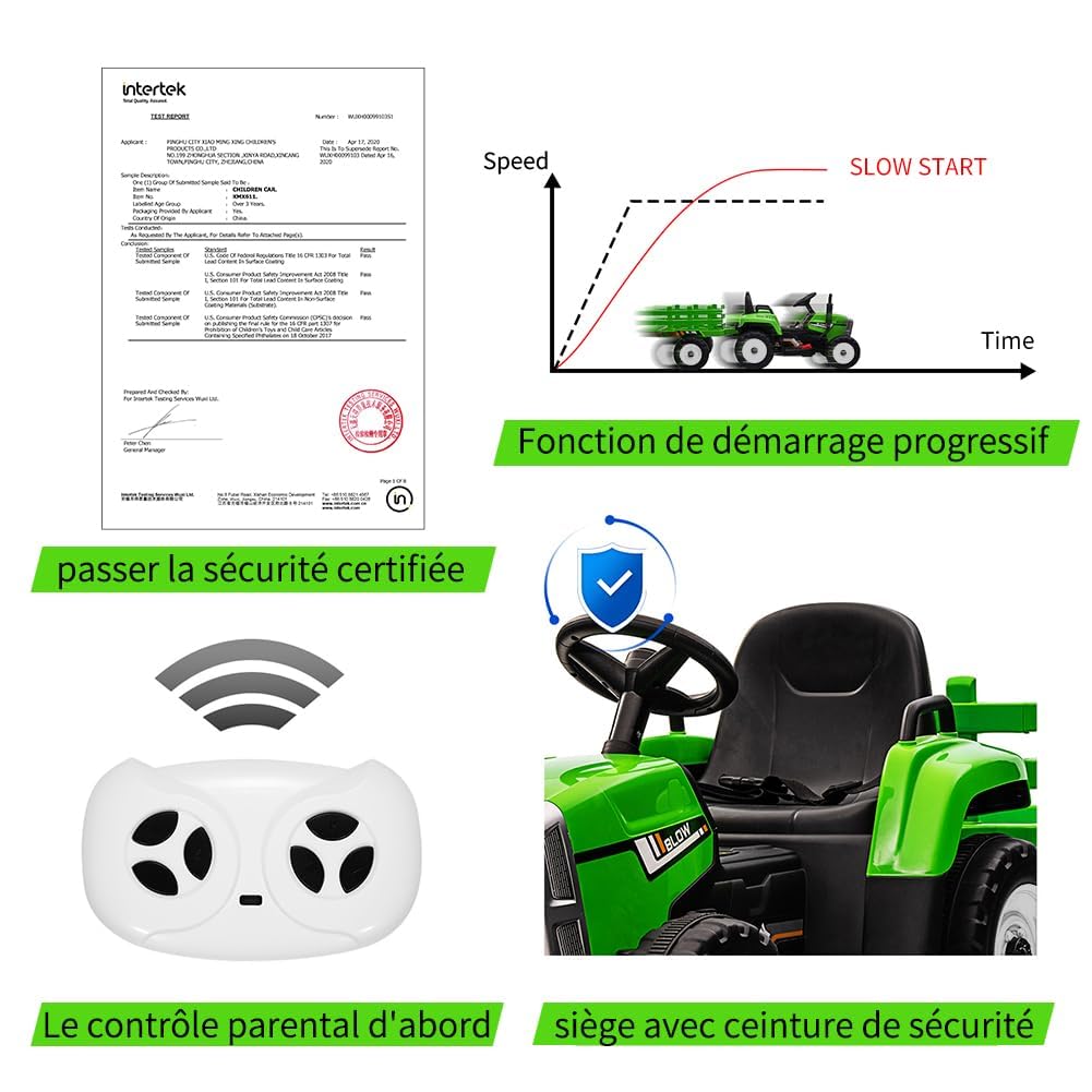 Garvee Trattore Elettrico Per Bambini, Rimorchio Rimovibile, 6 Ruote, Verde | 12V, 2.4G telecomando, Clacson, Musica Integrata, Radio, 3 Velocità, Doppio Motore, Connessione Wireless, Porta USB
