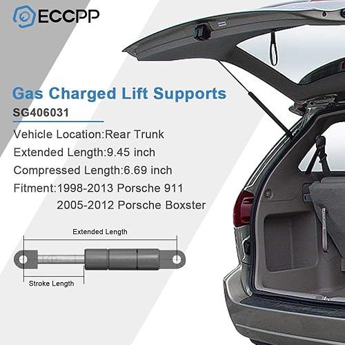 Miniatura 2 de ECCPP Soportes de soporte de elevación del maletero delantero, 2 unidades, color negro, Porsche 911 1998-2013, Boxster 2005-2012, Caimán 2006-2012