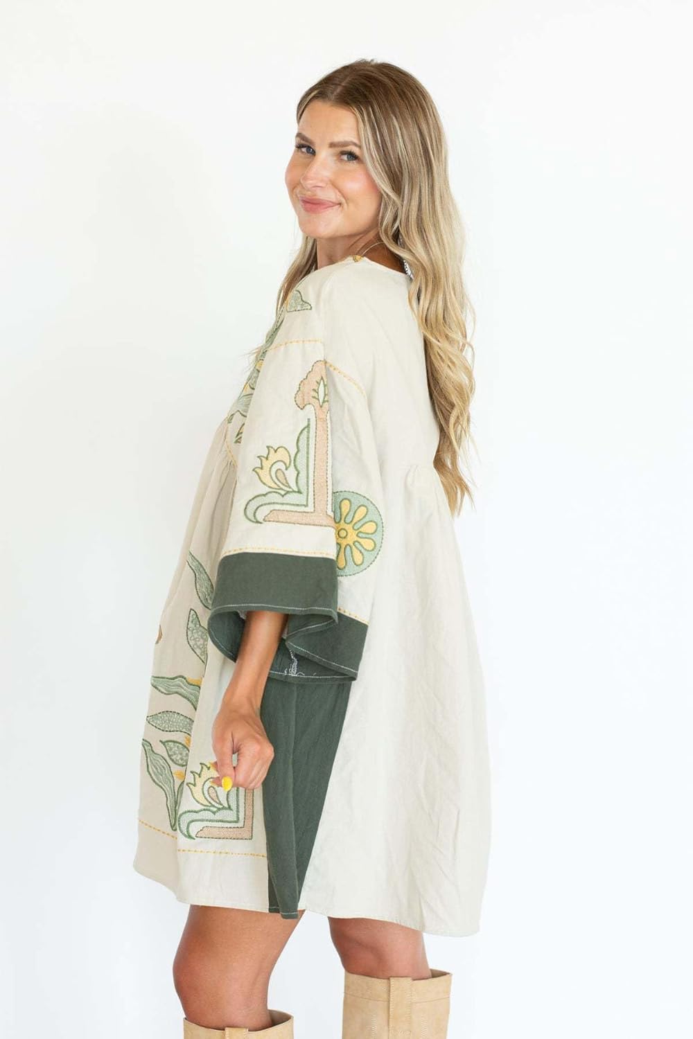 Womens Floral Print Embroidered Dress with 3/4 Sleeve Summer Casual Loose Fit V-Neck Vintage Bohemian - Image 5