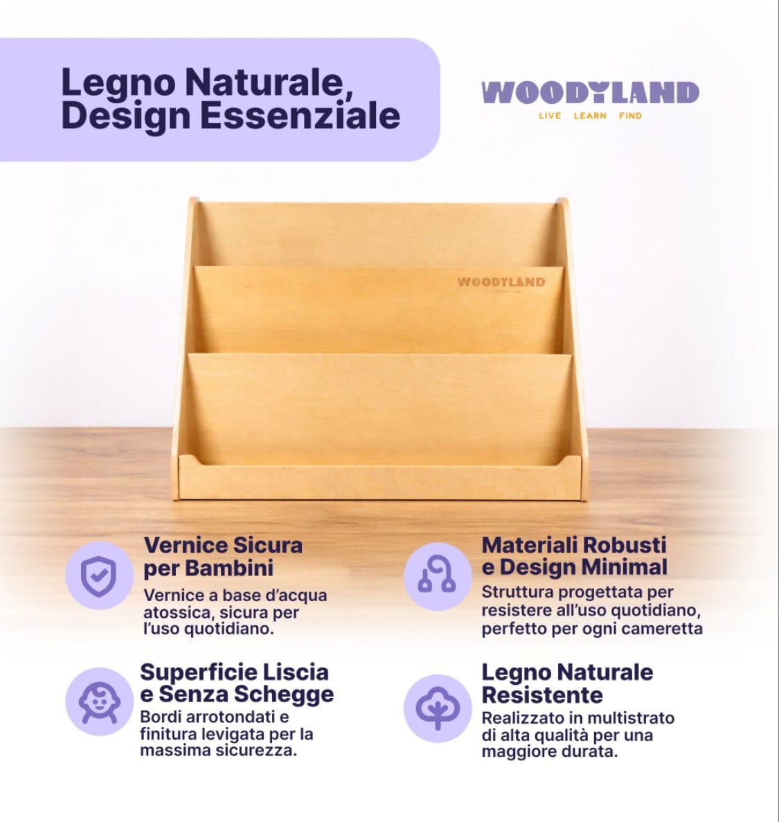 Woodyland Libreria montessoriana per bambini Imagine, Libreria bambini, 0-6 anni, Ideale per Cameretta, Asilo Nido, Aula Scuola dell'Infanzia