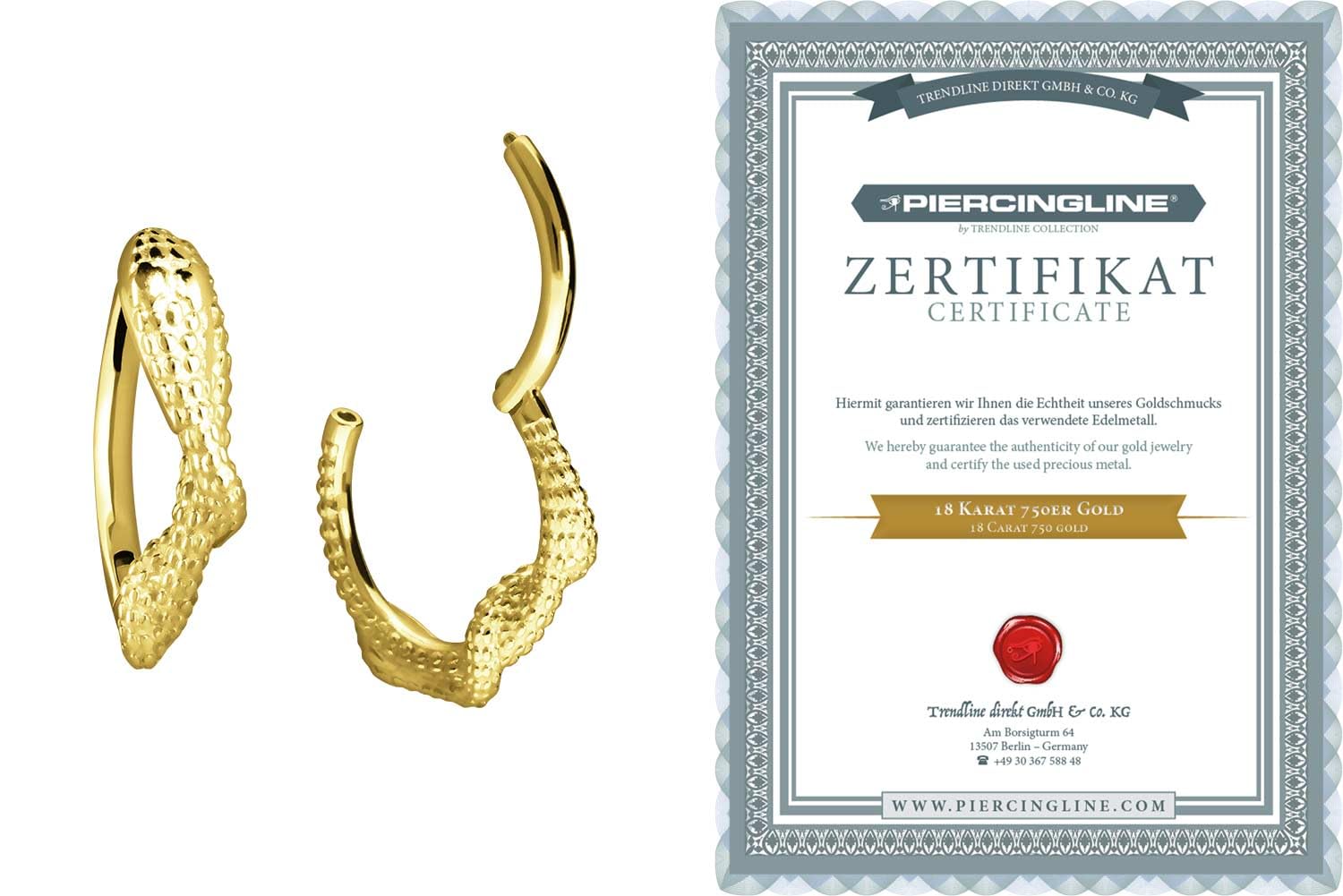 PIERCINGLINE 18 Karat Gold Piercing für Nase, Septum, Ohr, Helix oder Tragus Segmentring Clicker Schlange
