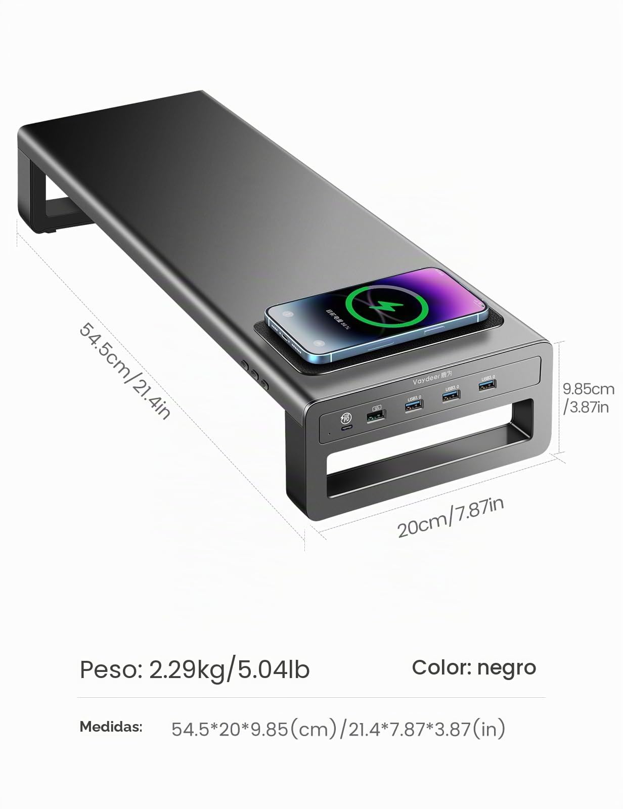 VAYDEER Soporte para Monitor con Carga Inalámbrica y USB | Soporte metálico con carga inalámbrica, puertos USB y cajones para organizar el escritorio
