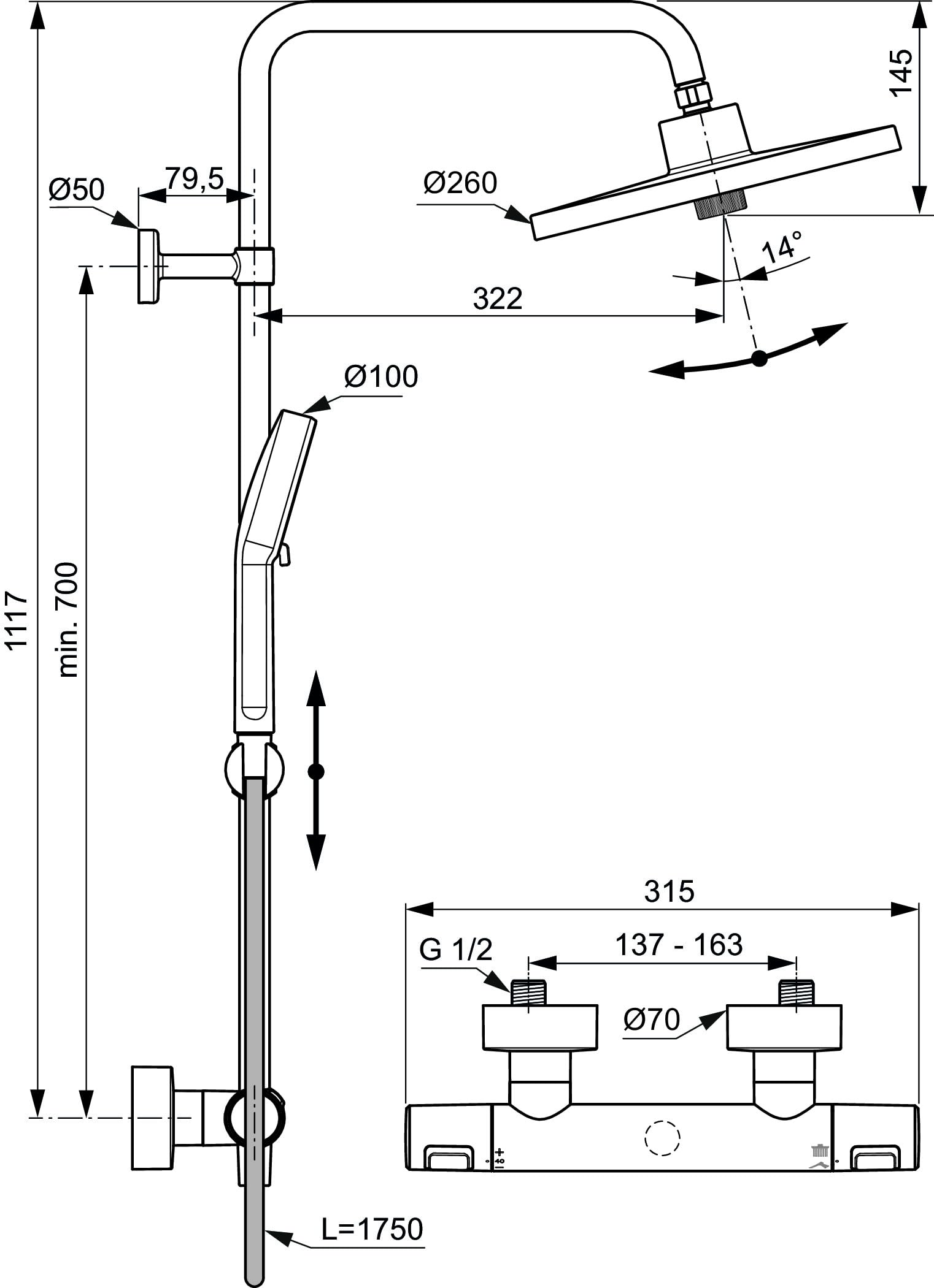 Ideal Standard - Ceratherm T25, Colonne de douche avec thermostatique externe, Kit complet avec mélangeur de douche, Noir soie