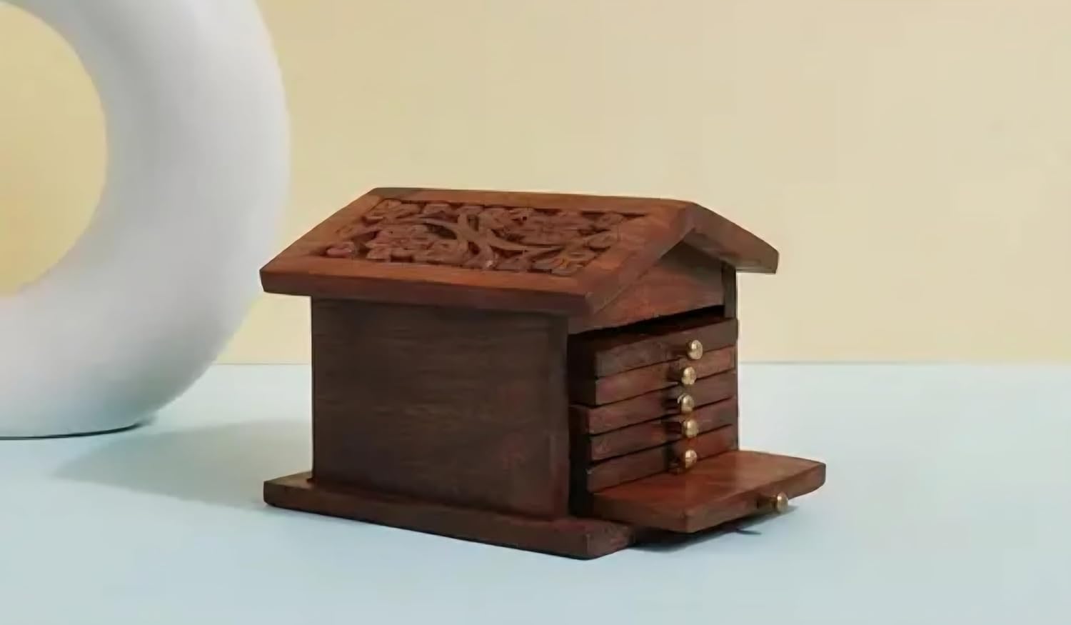 Wooden Coaster Set with House-Shaped Holder, Brown, Carved Floral Design, 6 Piece