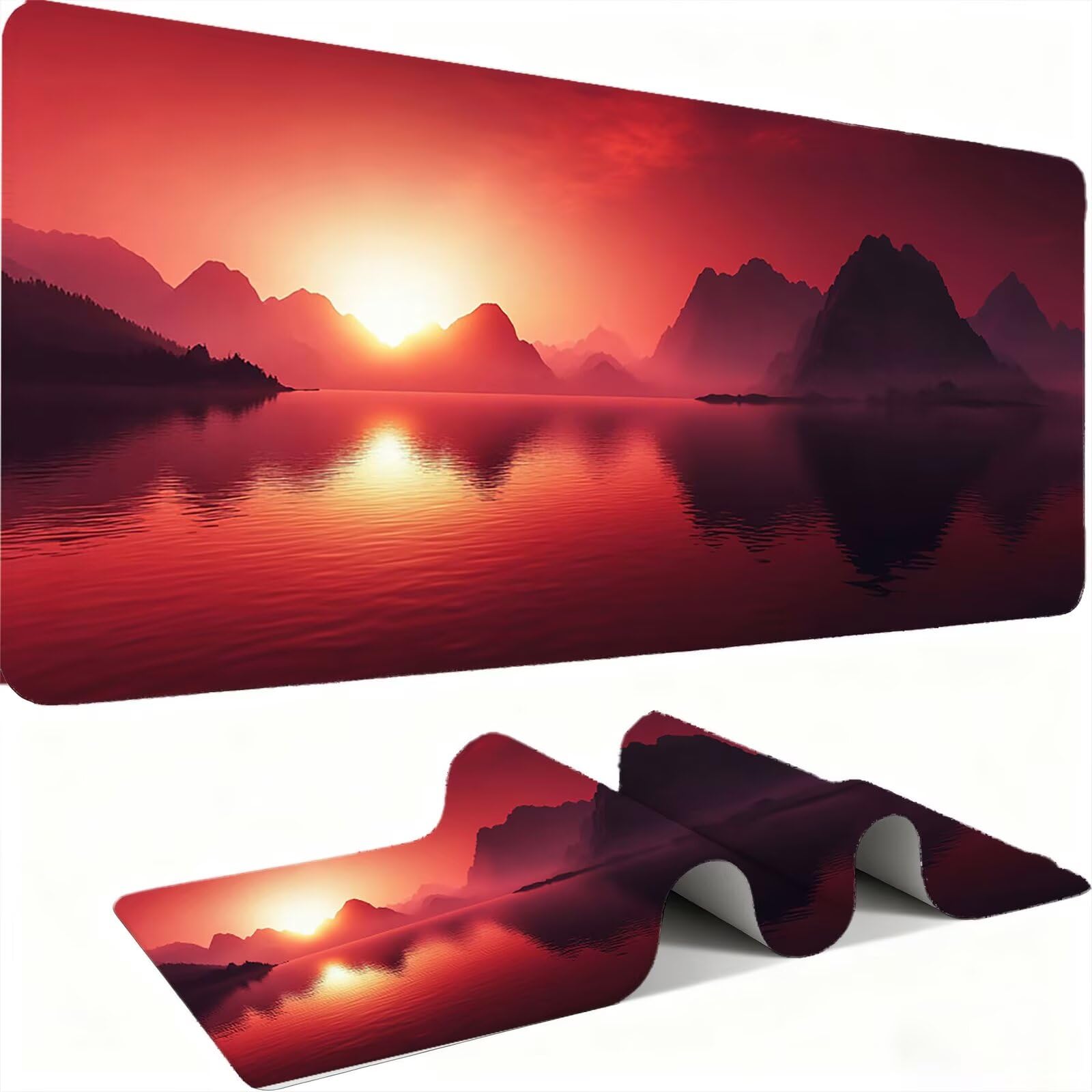 Podkładka pod mysz zachód słońca/krajobraz XXL 1200 x 600 mm duża podkładka pod mysz szyte krawędzie wodoodporna antypoślizgowa duże rozszerzone akcesoria biurowe do PC, poprawia dokładność i szybkość